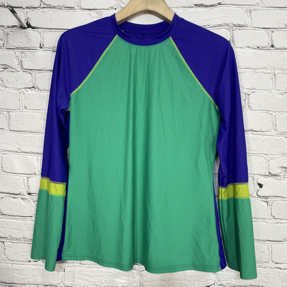 PrAna Lorelei Sun Top Size L Purple Green Colorblock UPF 50+ Rash Guard Swim Top